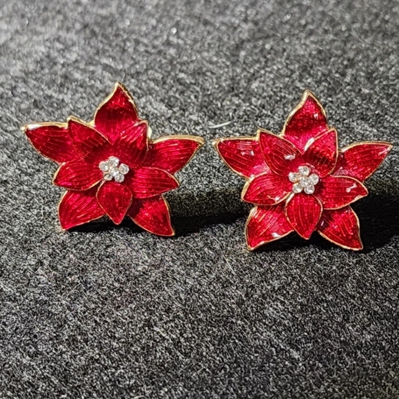 Vtg Eisenberg Ice Red Enamel & Rhinestone Poinsettia Flower Clip Earrings - Picture 2 of 7